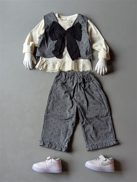 Girl's Full Sleeve Top with Bow Attached Vest and Wide Leg Pant Set ...