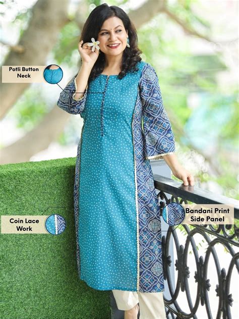 Hilori Teal Polka Dot Print with Potli Button in Blue Panel Style Cott ...