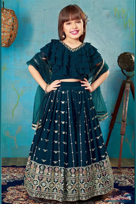 Peacock Blue Mirror, Stone, Beads and Zari work Lehenga Choli for Girl ...