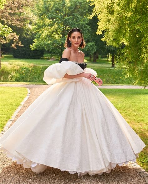 Olivia Palermo Puff Sleeve White & Black Wedding Gown - Lunss