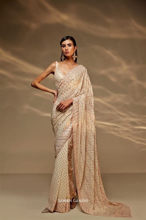Ivory mirror and mukaish work saree set – Sawan Gandhi Online Store