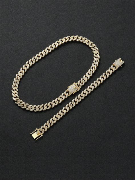 1 Set Full Rhinestone Chain Necklace & Bracelet Men's Street Style ...