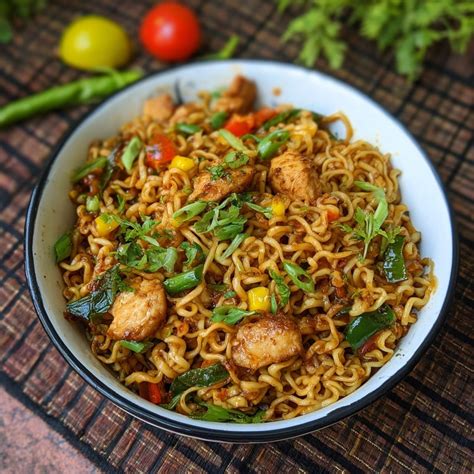 Spicy Chicken Noodles with Fried Chicken and Vegetables Recipe ...
