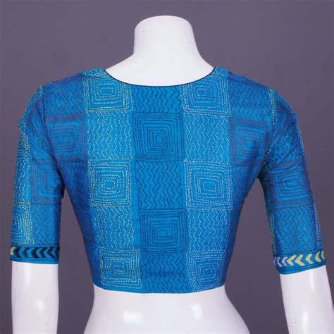 Blue Kantha Embroidered Tussar Blouse 10069586