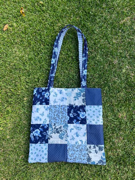 The prettiest blue floral patchwork handmade quilted gingham tote bag ...