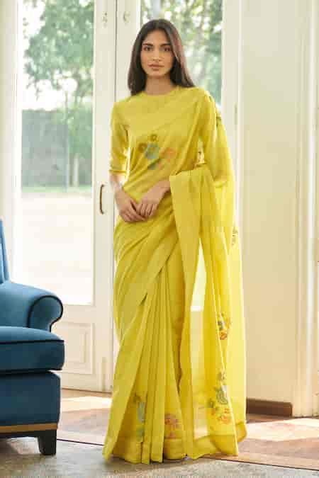 Buy Lime Muslin, Cotton Applique Daffodil Floral Saree With Unstitched ...