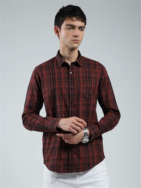 Buy Men Maroon Check Collar Full Sleeve Shirt Online in India - Monte Carlo