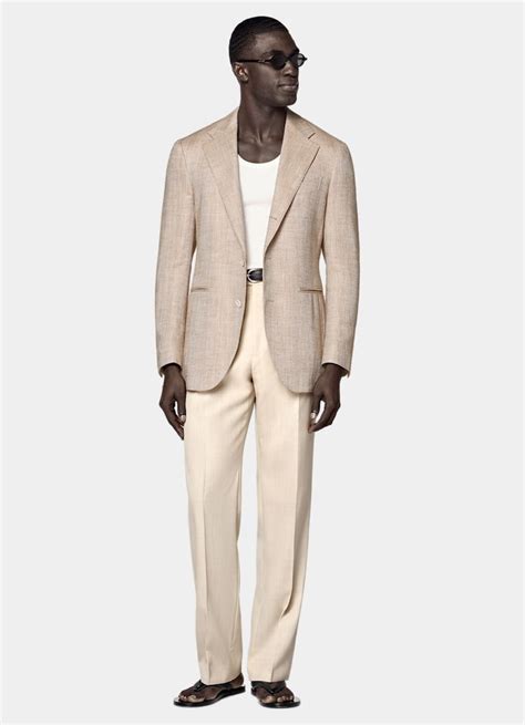 Light Brown Herringbone Relaxed Fit Roma Blazer in Silk Linen Cotton ...