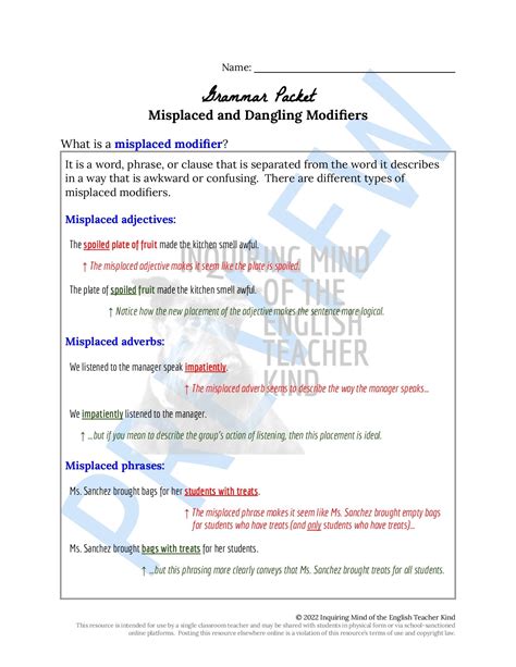 Image result for Misplaced Modifiers Worksheet Grade 12