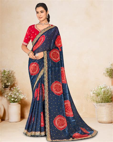 Vishal Prints Navy Blue Printed Chiffon-Satin Bandhani Print Saree Wit