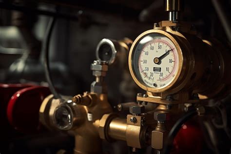 Detailed image of a pressure regulator amidst a network of pipes and ...