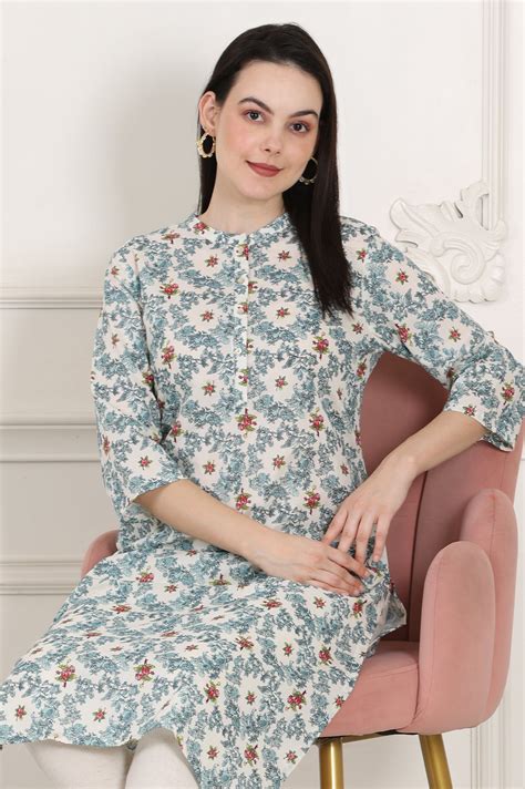 Buy White Mandarin Collar Pure Cotton Straight Kurta With Green ...