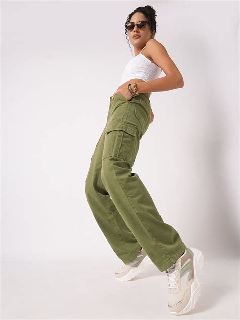 Buy Women Dark Olive High-Rise Cargo | Kraus Jeans