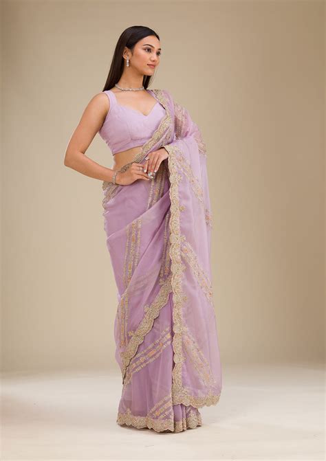 Buy Lavender Zariwork Organza Saree - Koskii