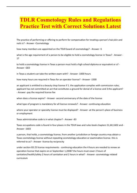 TDLR Cosmetology Rules and Regulations Practice Test with Correct ...