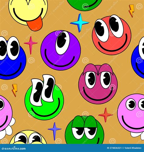 Smiley Faces Stickers, Trippy Seamless Pattern. Retro Trendy Background ...