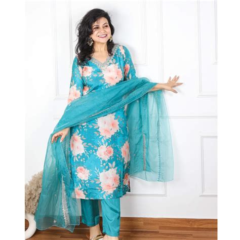 Qurbat Blue Munsell Floral Printed Muslin Top with Organza Dupatta 3 P ...