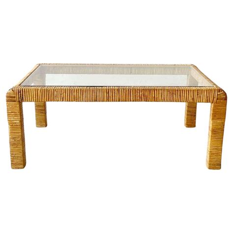 Boho Chic Rattan Glass Top Coffee Table For Sale at 1stDibs