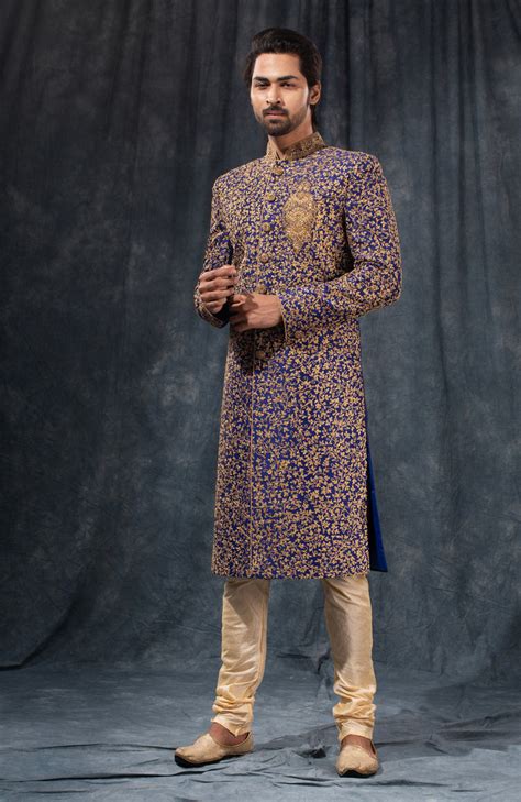 HAMSAFAR Men’s Navy Blue Poly Dupion Zari Sherwani – Hamsafar Emporium