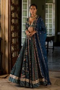 Buy Blue Blouse And Lehenga Organza Printed Floral Plunge V Neck Multi ...