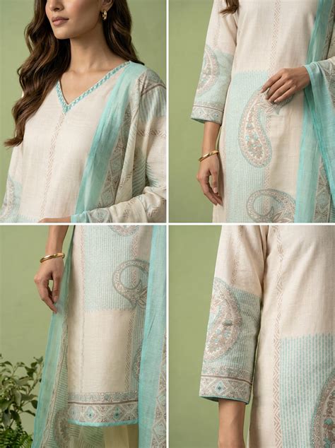 Ferozi And Cream Linen Paisley And Floral Printed Three Piece Set ...