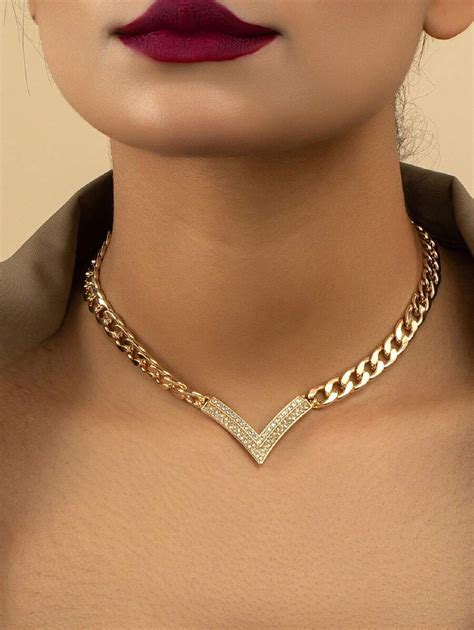 1pc V-Shaped Crystal Studded Thick Chain Necklace, Fashionable Women ...