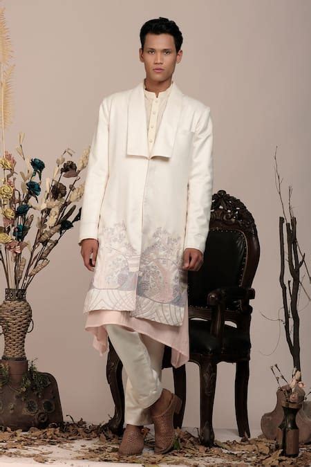 Buy White Cotton Nature Inspired Embroidery Jacket And Kurta Set For ...