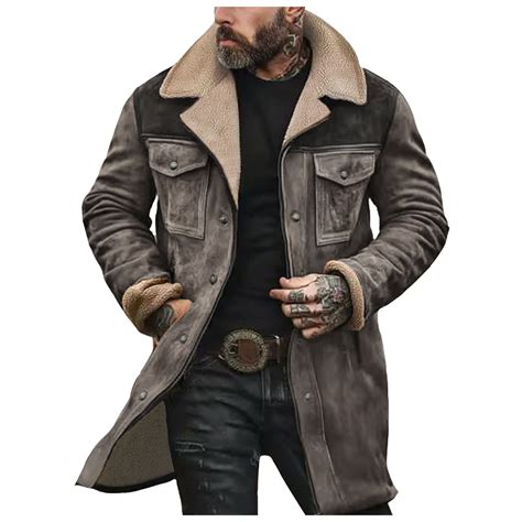 Mens Western Cowboy Jacket Distressed Suede Long Trench Coats Zip Up ...