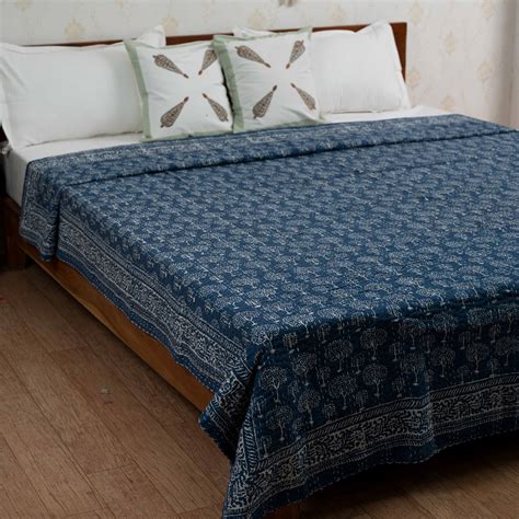 Block printed, kantha work bed cover, bedspread from Jaipur Rajasthan