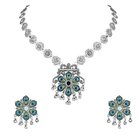 I Jewels Navratri Ethnic Silver Oxidised Peacock Feather Ghungroo Long ...