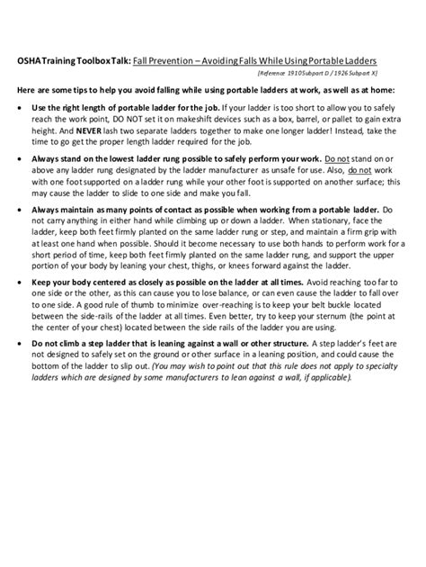 Fillable Online OSHA Training Toolbox Talk: Fall Prevention Avoiding ...