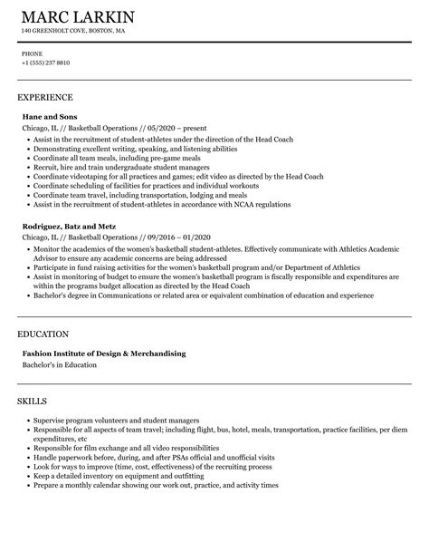 Basketball Operations Resume Samples | Velvet Jobs