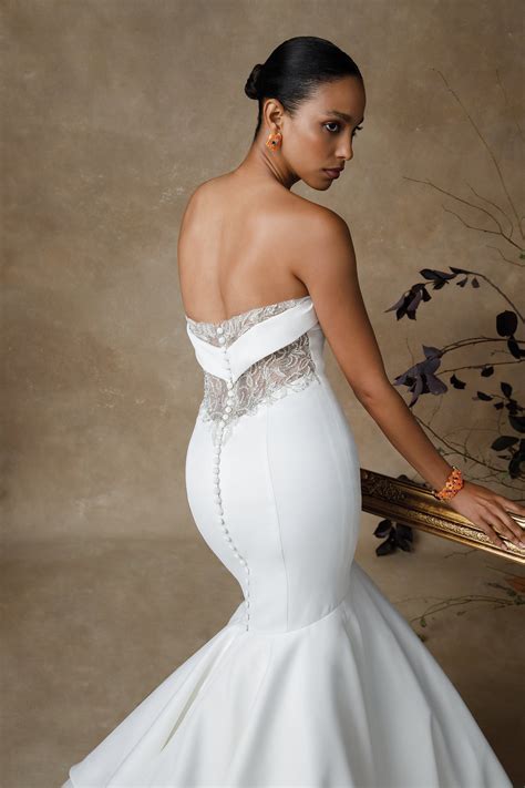 Glynn: Sheer Back Embellished Strapless Satin Trumpet Wedding Dress ...