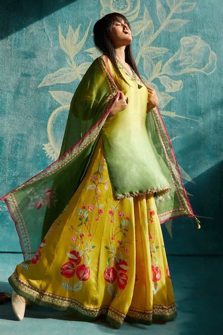 Buy Yellow Sequins, Beads, Embroidery V-neck Ombre Effect Kurta Sharara ...