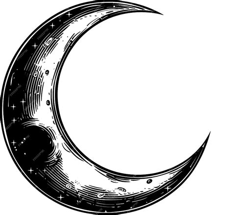 Detailed illustration of a black and white halfmoon shaped moon ...