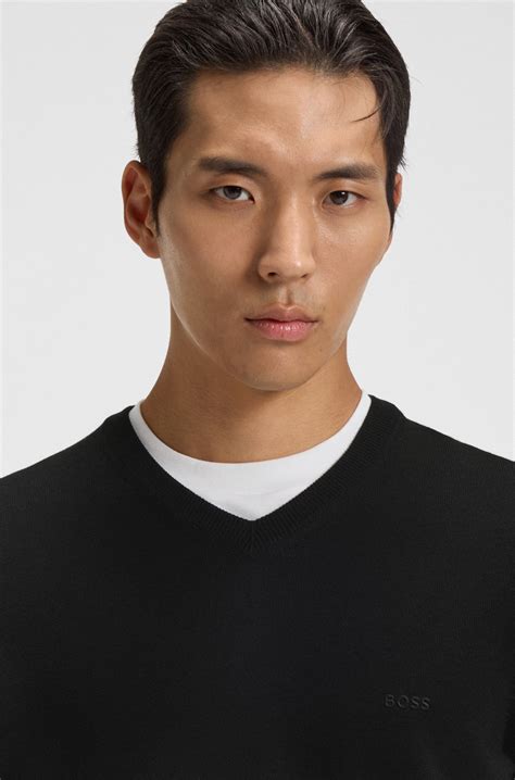 BOSS - V-neck sweater in virgin wool with embroidered logo - Black