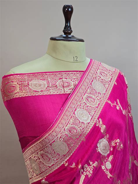 Crush Crepe Banarasi Saree – Rani Pink with All Over Boota Jaal ...