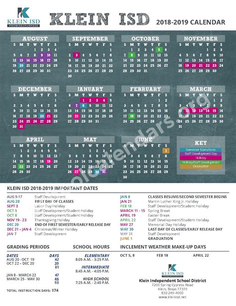 2018 - 2019 School Year Calendar | Klein Independent School District ...