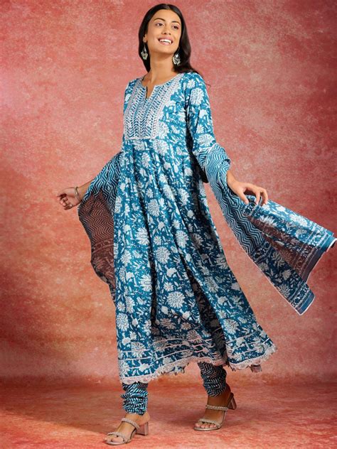 Buy Blue Printed Cotton Anarkali Kurta With Churidar & Dupatta Online ...