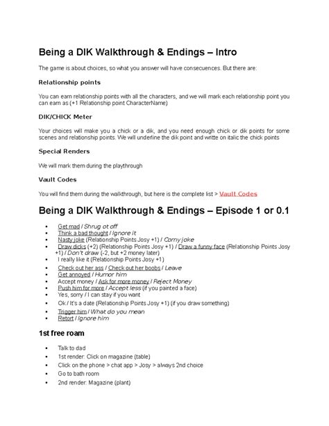 Being a DIK Walkthrough & Endings Guide: Episodes Breakdown - Studocu