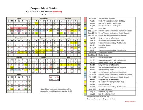 Canyons School District Calendar 2025-2026 in PDF