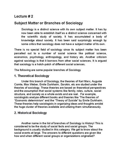 W-1-2- Branches OF Sociology - Lecture # 2 Subject Matter or Branches of Sociology Sociology is ...