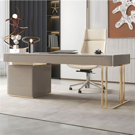LAKIQ Modern Stone top Executive Desk with File Cabinet Storage ...