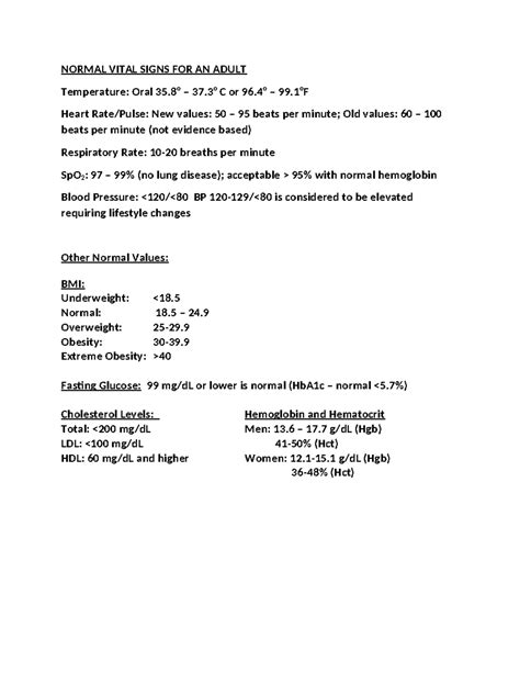Normal Vital Signs - NORMAL VITAL SIGNS FOR AN ADULT Temperature: Oral 35. o - 37. o C or 96. o ...