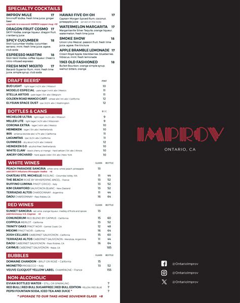 Ontario Improv Food and Drink Menus