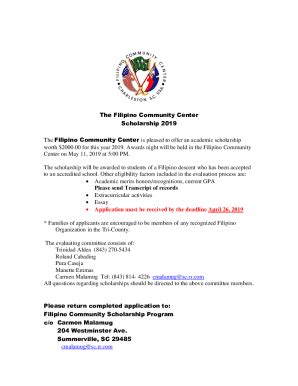 Fillable Online Filipino Community Center Scholarship 2019 Fax Email ...