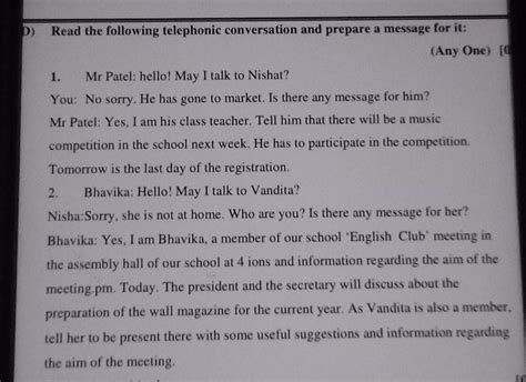 Read the following telephonic conversation and prepare a message for it ...