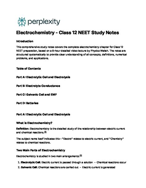 Electrochemistry Class 12 NEET Study Notes: Comprehensive Guide - Studocu