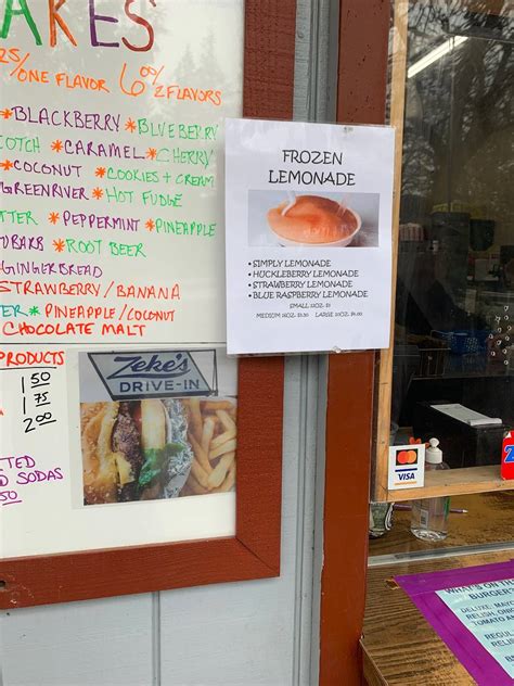 Menu at Zeke's Drive In restaurant, May Creek, US-2