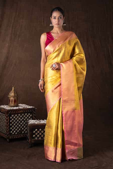Buy Gold Silk Zari Round Neck Golden-pink Brocade Banarasi Saree Set ...
